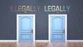 Illegally and legally as a choice - pictured as words Illegally, legally on doors to show that Illegally and legally are opposite