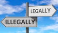 Illegally and legally as a choice - pictured as words Illegally, legally on road signs to show that when a person makes decision