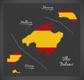 Illes Balears map with Spanish national flag illustration Royalty Free Stock Photo