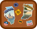 Illinois and Indiana travel stickers with scenic attractions Royalty Free Stock Photo