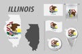 ILLINOIS. Set of national infographics elements with various flags, detailed maps, pointer, button and different shapes badges.