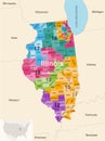 Illinois state counties colored by congressional districts vector map with neighbouring states and terrotories Royalty Free Stock Photo