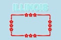Illinois US state soft blue neon letters lights off. Glossy red frame with stars. Vector illustration