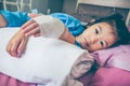Illness asian child admitted in hospital with saline intravenous Royalty Free Stock Photo
