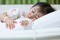 Illness child in hospital, saline intravenous (IV) on hand asian