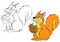 Illstration of the cheerful and smiling the character orange squirrel with a nut