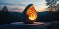 Illuminated Abstract Sculpture in Nature at Dusk, Featuring Curved Lines and Warm Glow, Surrounded by Forest and