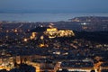 Illuminated Acropolis in Athens, Greece at dusk