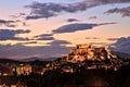 Illuminated Acropolis in Athens, Greece at dusk