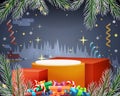 Illuminated advertising stand new year light gift box christmas night winter vector Illustration