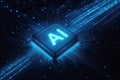 Illuminated AI Microchip on a Dark Circuit Board with Blue Energy Trails artificial intelligence processor Royalty Free Stock Photo