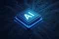 Illuminated AI Processor on a Detailed Electronic Circuit Board with Blue Glow artificial intelligence Royalty Free Stock Photo