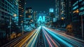 Illuminated AI sign in vibrant cityscape at night