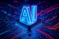 Illuminated AI Text on a Detailed Microchip with Vibrant Circuitry artificial intelligence technology Royalty Free Stock Photo