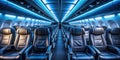 Illuminated airplane cabin interior rows of modern leather seats under ambient blue lighting. Generative AI Royalty Free Stock Photo