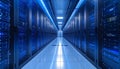 Illuminated server room aisle with rows of dark server racks and bright ceiling lights data center Royalty Free Stock Photo