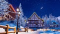 Illuminated alpine mountain town at winter night