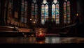 The illuminated altar in the medieval chapel glows with candlelight generated by AI