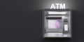 Illuminated ATM at night on empty grey wall background. Ad template, copy space. 3d render