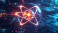 Illuminated atom model with fiery nucleus and orbiting electrons in a dark digital space Royalty Free Stock Photo