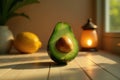 Illuminated avocado half on wooden surface with citrus fruit in soft light. Generative AI Royalty Free Stock Photo