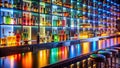 Illuminated bar backdrop featuring an array of colorful bottled spirits and stylish bar stools. Generative AI Royalty Free Stock Photo
