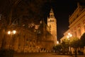 The illuminated bell tower of the cathedral of Seville, Spain Royalty Free Stock Photo