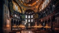 Illuminated Bible inside ancient Gothic basilica chapel generated by AI