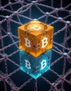Illuminated Bitcoin Cubes in Chain Grid AI Generative