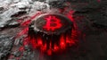 An illuminated bitcoin icon on a circuit board, representing blockchain technology and digital currency