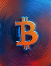 Illuminated Bitcoin Logo on Red Swirl Background