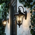 Illuminated Black WallMounted Lantern with Two Lights Set Against a Rustic Wall and Lush Greenery Royalty Free Stock Photo