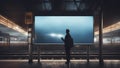 Illuminated blank billboard with copy space in train station