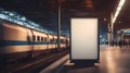 Illuminated blank billboard with copy space in train station