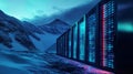 Illuminated blockchain server farm in a remote mountainous area at dusk