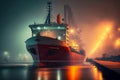 illuminated by on-board lights, cargo ship moors at berth of seaport