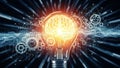 Illuminated brain within a lightbulb surrounded by digital network and gears Royalty Free Stock Photo