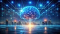 Illuminated brain network above a modern cityscape at night. Generative AI Royalty Free Stock Photo