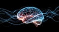 Illuminated brain with neural connections and waves in a dark background space