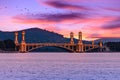 Illuminated bridge over the river, twilight, evening view on Putra lake