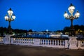 Illuminated Bridge Pont Alexandre III Over River Seine With Tour Boats In The Night In Paris Royalty Free Stock Photo