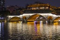 Illuminated bridge reflected in the river in Chengdu, China. Royalty Free Stock Photo