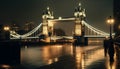 Illuminated bridge reflects historic city majesty at dusk generated by AI