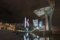 Illuminated bridge Salbeko zubia over the Nevion river in the town of Bilbao, Basque Country, Spain