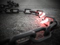 Illuminated broken chain part on the ground. 3D illustration Royalty Free Stock Photo