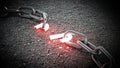 Illuminated broken chain part on the ground. 3D illustration Royalty Free Stock Photo