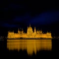 Illuminated Budapest parliament building at night with dark sky and reflection in Danube river