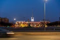 illuminated building of finlyandsky Railway station in saint-petersburg russia. Monument of Lenin on square. Royalty Free Stock Photo