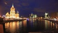 Illuminated building of Hotel Ukraina and Moscow river at night