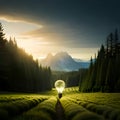 Illuminated Bulb in the meadow amidst forest, Mountains in the Background. Generative AI